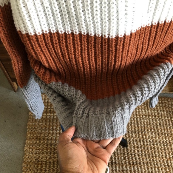 Sexy white, brown, and grey off-shoulder color block sweater - Picture 6 of 10